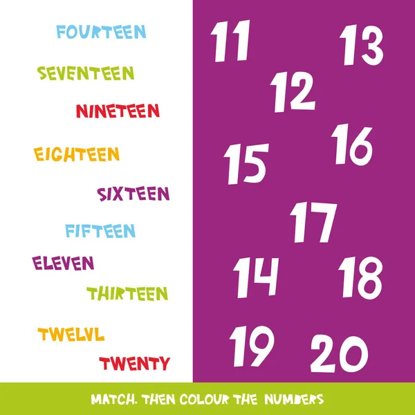 Coincidir Entonces Color Los Números Niños Palabras Juego Aprendizaje Hojas — Vector de stock