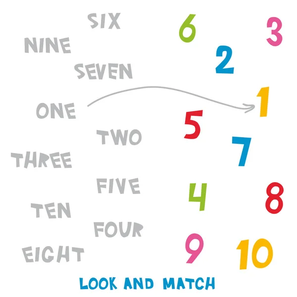 Bak Sayılar Maç Çocuklar Öğrenme Oyun Çalışma Sayfaları Basit Renkli — Stok Vektör