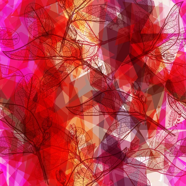 葉を持つ抽象的な幾何学的なシームレス パターンの輪郭菱形装飾的な現代的な要素 ピンク オレンジ赤幾何学的なエスニック プリント 流行に敏感なおしゃれな背景 ベクトル図 — ストックベクタ