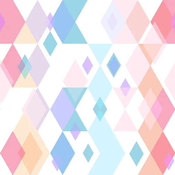 菱形と三角形の装飾的な抽象的な現代的な要素を持つ抽象的な幾何学的なシームレス パターン ライラック ピンク紫青オレンジ幾何学的なエスニック プリント 流行に敏感なおしゃれな白の背景 ベクトル図 — ストックベクタ