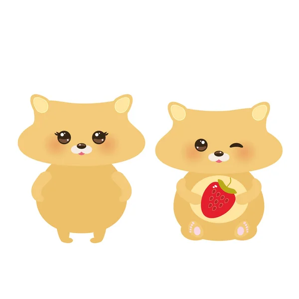 Cute Kawaii Hamster Boy Girl Fresh Strawberry Pastel Colors White — Stock Vector