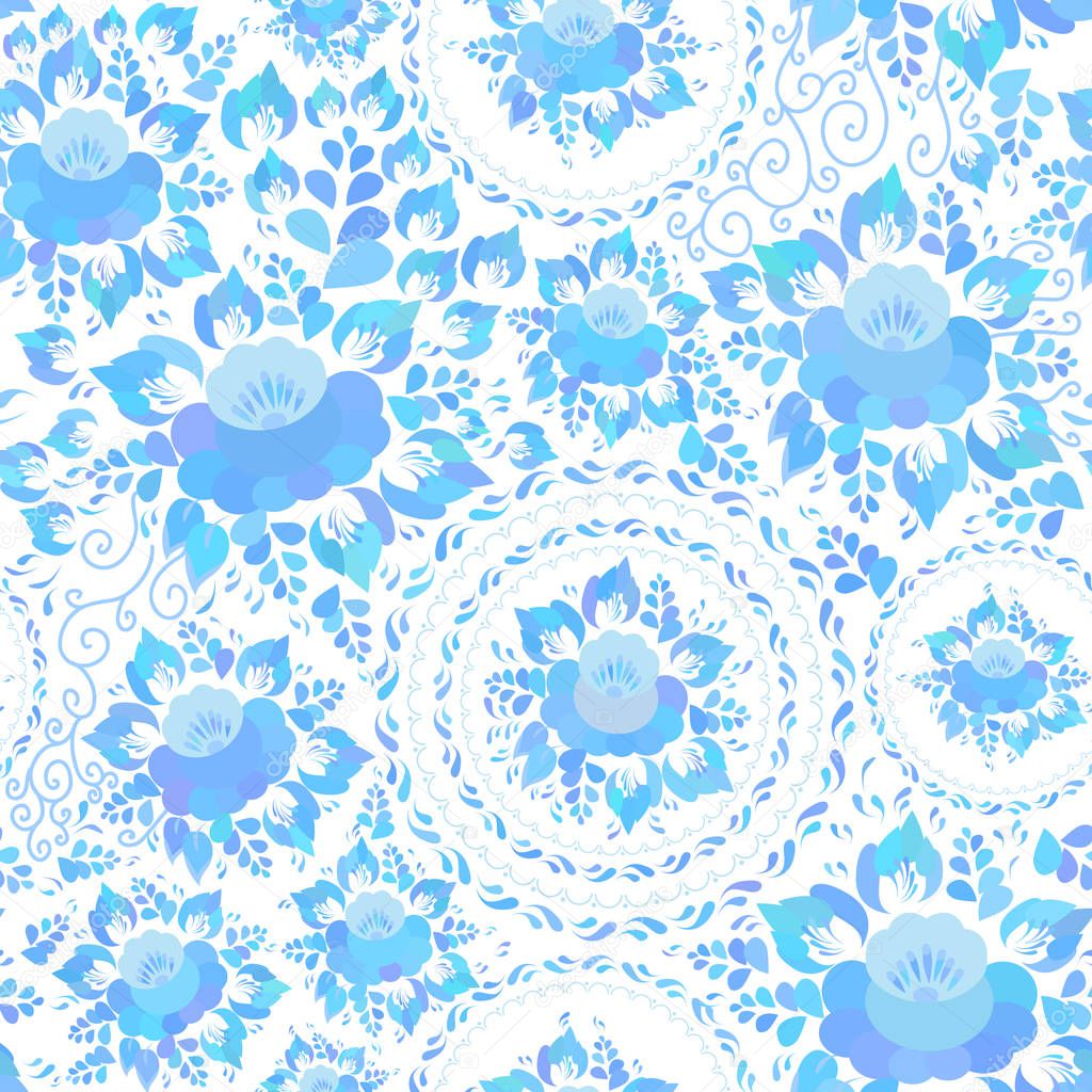 Vintage shabby Chic spring romantic decoration, pastel, Seamless pattern with sky blue flowers and leaves on white background Textile print, web page fill. Vector illustration