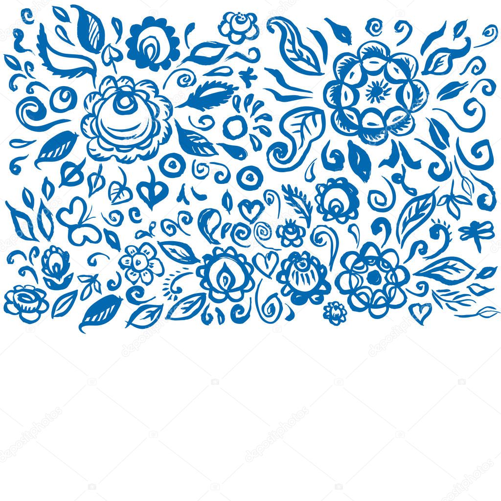 Beautiful card folk art floral ornament on white background Vintage elegant wedding invitation with summer flowers blue isolated on white background. Vector illustration