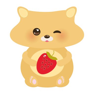 Beyaz arka plan üzerinde taze çilek, pastel renklerle sevimli kawaii hamster. Vektör çizim
