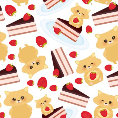 taze çilek ile Seamless modeli şirin kawaii hamster, kek dekore pembe krema ve Çikolata buzlanma, çocuk oyuncağı mavi plaka üzerinde beyaz arka plan üzerinde pastel renkler. Vektör çizim