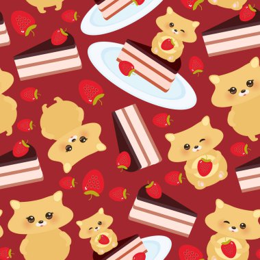 taze çilek ile Seamless modeli şirin kawaii hamster, kek dekore pembe krema ve Çikolata buzlanma, çocuk oyuncağı mavi plaka üzerinde pastel renkler kahverengi, koyu kırmızı bir arka plan tasarımı. Vektör çizim