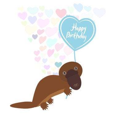 Mutlu Doğum günü kartı şirin kawaii platypus kalp, beyaz arka plan üzerinde pastel renkler şeklinde balon ile. Kart tasarımı. Vektör çizim