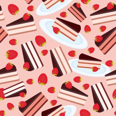 Dikişsiz desen tatlı pasta taze çilek, pembe krema ve Çikolata buzlanma, parça mavi plaka üzerinde pembe bir arka plan üzerinde pastel renkler ile dekore edilmiştir. Menü kartı tekstil baskı, web sayfası dolgu. Vektör çizim