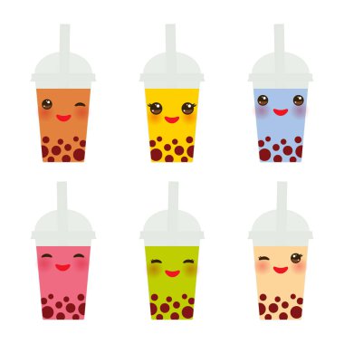 Kawaii kabarcık çay farklı meyve ve çilek. Süt plastik kap, kokteyller tübül. Kabarcık çay kokteyller farklı türde. Beyaz arka plan üzerinde pastel renkler. Vektör çizim