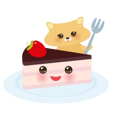 taze çilek, pembe krema ve Çikolata buzlanma, beyaz arka plan üzerinde pastel renkler sevimli kawaii hamster çatal, tatlı kek ile süslenmiş. Vektör çizim