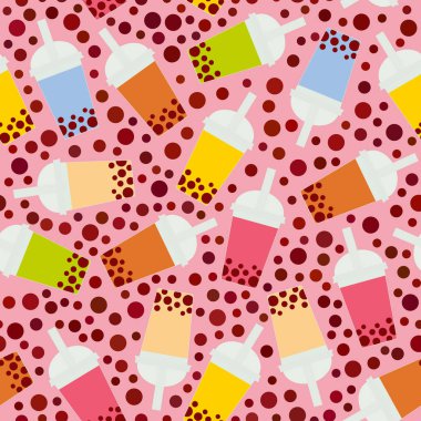 Farklı meyve ve çilek ile Seamless modeli kabarcık çay. Süt plastik kap, kokteyller tübül. Kabarcık çay kokteyller farklı türde. pembe bir arka plan üzerinde pastel renkler. Vektör çizim