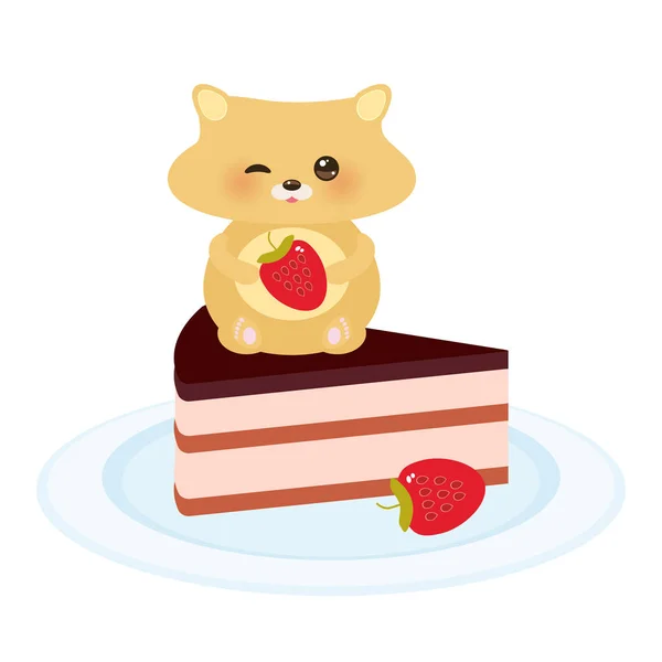 Carino Criceto Kawaii Con Fragola Fresca Torta Decorata Con Crema — Vettoriale Stock