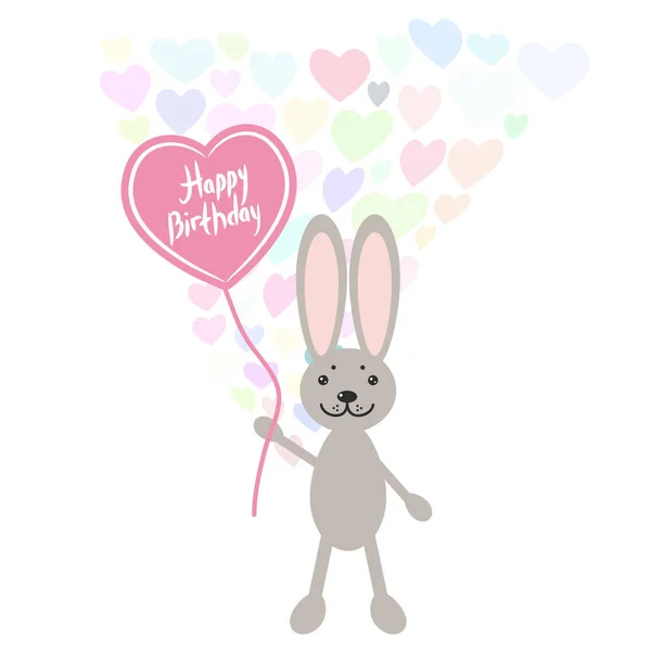 Buon Compleanno Cartolina Kawaii Lepre Coniglio Con Palloncino Forma Cuore — Vettoriale Stock