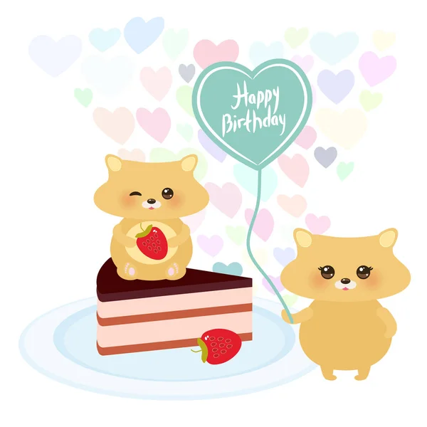 Glückwunschkarte Niedlicher Kawaii Hamster Mit Luftballon Herzform Pastellfarben Auf Weißem — Stockvektor