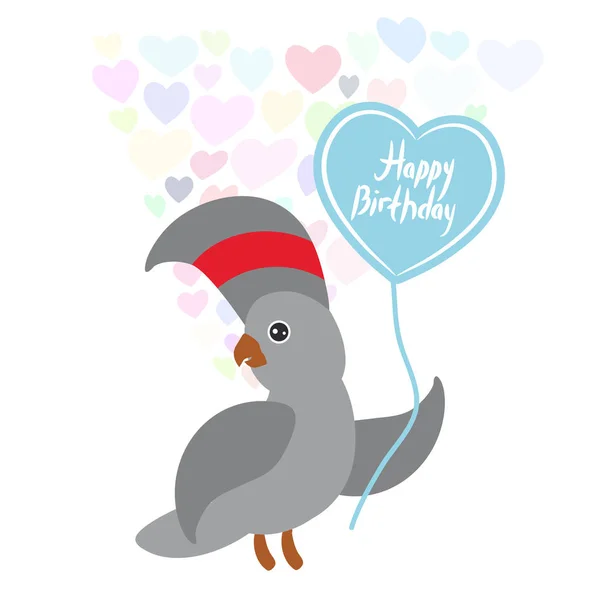 お誕生日おめでとうカードかわいい可愛いグレーの白地にパステル カラーの心の形をしたバルーンのオウム カード デザイン ベクトル図 — ストックベクタ