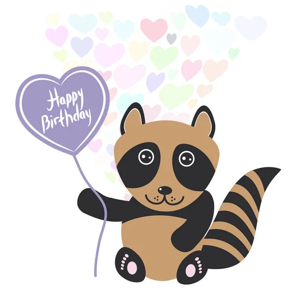 生日贺卡可爱的卡瓦伊浣熊与气球在心脏的形状 柔和的颜色在白色的背景 卡片设计 向量例证 — 图库矢量图片