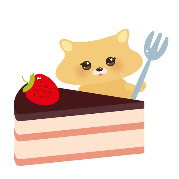可爱的卡威伊仓鼠与叉子 甜蛋糕装饰新鲜草莓 粉红色奶油和巧克力糖霜 柔和的颜色在白色的背景 向量例证 — 图库矢量图片