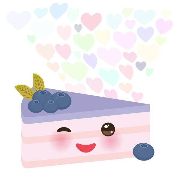 Happy Birthday Card Design Cute Kawaii Piece Cake Decorated Fresh — стоковый вектор