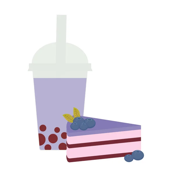 泡泡茶配蓝莓 牛奶鸡尾酒在塑料杯 甜蛋糕装饰新鲜的蓝莓 粉红色巧克力奶油和糖霜 柔和的颜色在白色的背景 向量例证 — 图库矢量图片