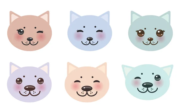 Funny Kawaii Cat Face Pastel Colors Lavender Blue Pink Ivory — Stock Vector