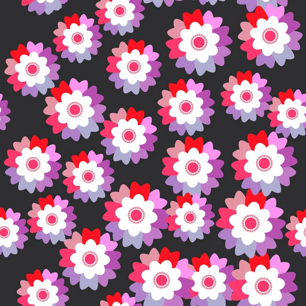 Seamless Pattern Bright Pink Purple Flowers Cornflower Violet Pansy Black — Stock Vector