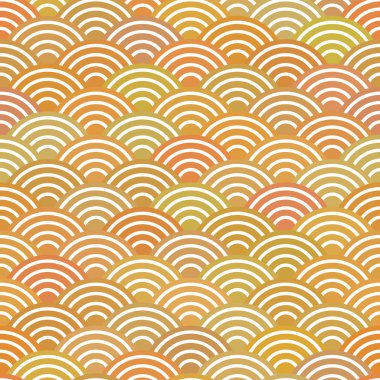Dikişsiz desen soyut basit doğa arka planını Japon dalga daire desen pastel renkler turuncu bej hardal arka planlı ölçekler. Tekstil baskı, web sayfası dolgu. Vektör çizim