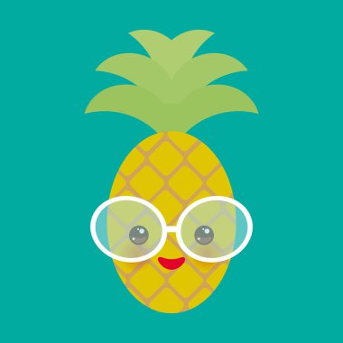 şirin komik kawaii egzotik meyve ananas ile mavi arka plan üzerinde güneş gözlüğü. Sıcak yaz günü, pastel renkler tasarım, banner şablon kartı. Vektör çizim