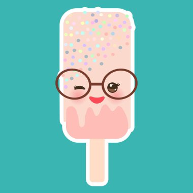 dondurma, buz lolly Kawaii güneş gözlüğü pembe yanaklar ve göz kırpıyor ile gözleri, ışık mavi arka plan üzerinde pastel renkler. Vektör çizim