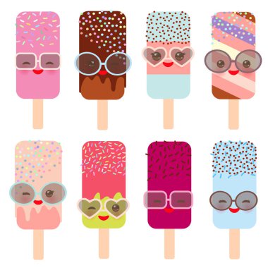 Set buz buz lolly Kawaii güneş gözlüğü pembe yanaklar ve göz kırpıyor ile gözleri, pastel renkler beyaz zemin üzerine krem. Vektör çizim