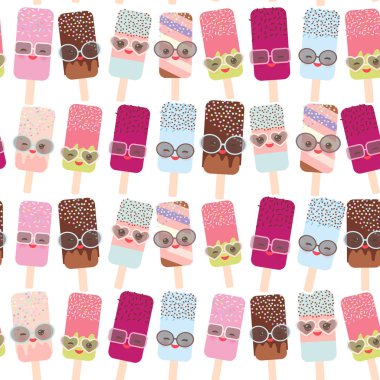 Dikişsiz desen buz krem, beyaz arka plan üzerinde buz lolly Kawaii pembe yanaklar ve kırpışan gözler, güneş gözlüğü, pastel renkler ile izole. Vektör çizim