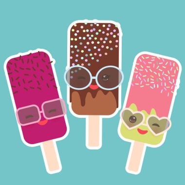 Set buz krem buz lolly Kawaii güneş gözlüğü pembe yanaklar ve göz kırpıyor ile gözleri, pastel renkleri açık mavi renkli. Vektör çizim