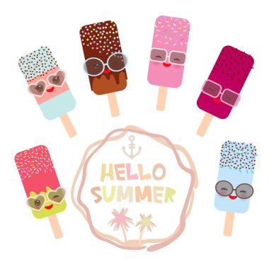 Merhaba yaz dondurma, buz lolly seti, Kawaii güneş gözlüğü pembe yanaklar ve göz kırpıyor ile gözleri, beyaz arka plan üzerinde pastel renkler. Vektör çizim