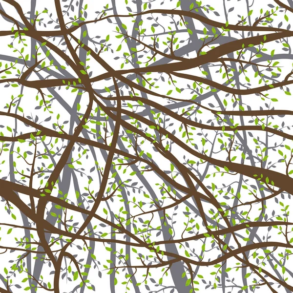 Vzor Bezešvé Spletité Hnědé Větve Zelené Listy Bílém Abstraktní Pozadí — Stockový vektor