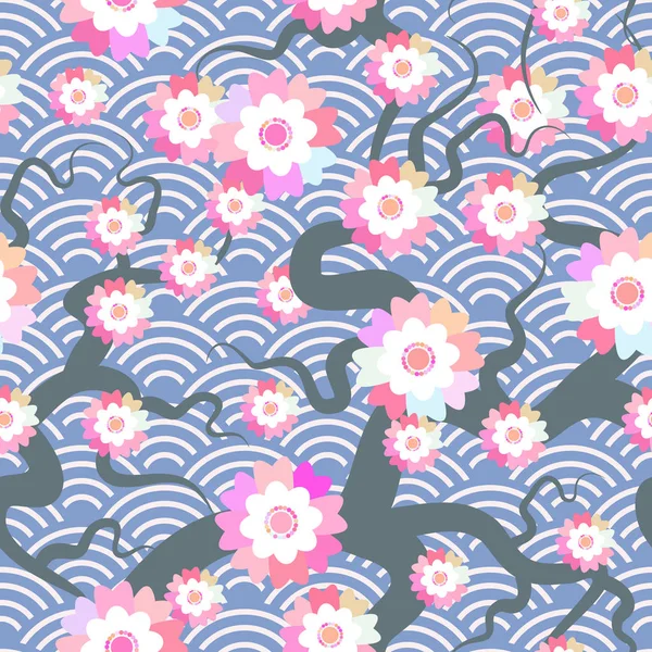 Sakura Flowers Seamless Pattern Nature Background Blossom Branch Pink Flowers — Stock Vector