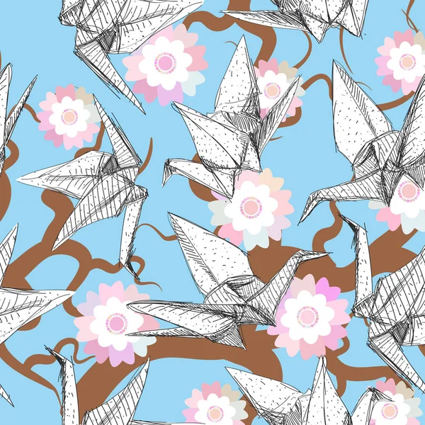 折り紙の白い紙のクレーン セット スケッチ シームレス パターン 日本の桜と自然東洋背景灰色の線スカイブルーの背景にパステル カラーを花します ベクトル図 — ストックベクタ