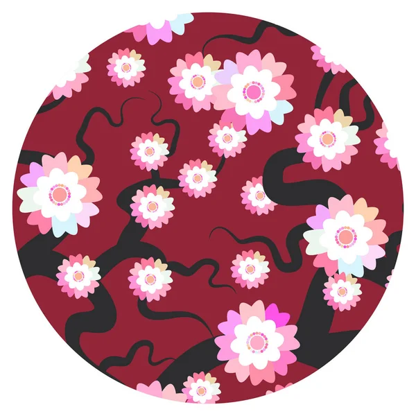 樱花自然背景与粉红色的花的花分枝 樱桃树灰色分支日本圆卡横幅设计柔和的颜色在勃艮第的背景 向量例证 — 图库矢量图片