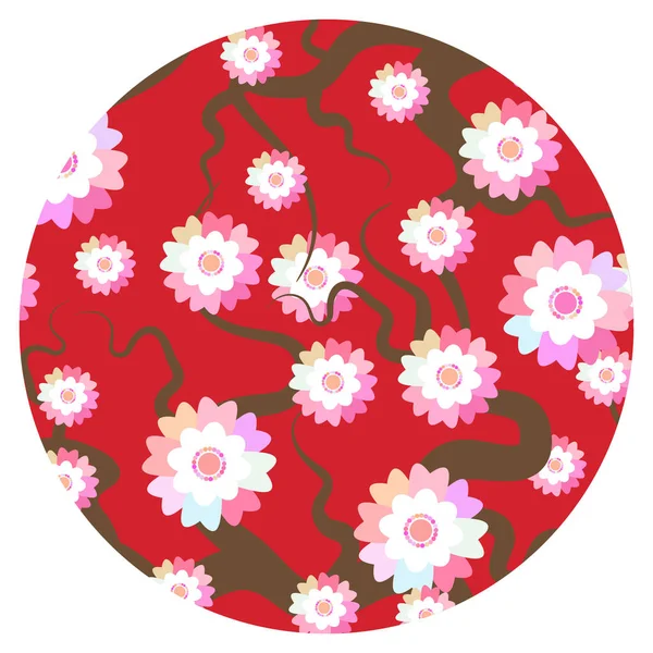 樱花自然背景与粉红色的花的花分枝 樱桃树灰色分支日本圆卡横幅设计柔和的颜色在红色勃艮第背景 向量例证 — 图库矢量图片