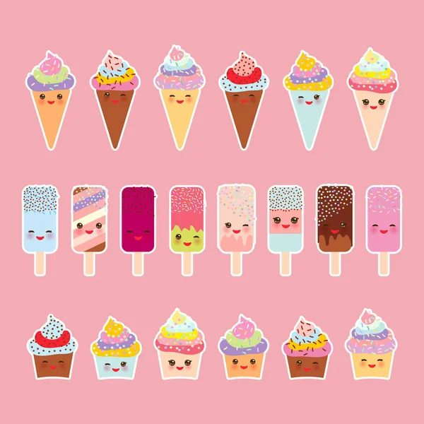 Definir Cupcakes Com Creme Sorvete Cones Waffle Gelo Kawaii Alegre —  Vetores de Stock