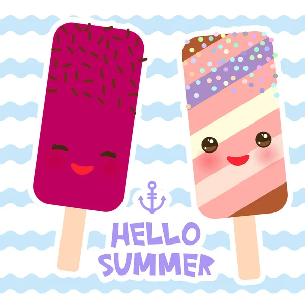Привіт Літнє Морозиво Морозиво Морозиво Каваї Рожевими Щоками Підморгуючими Очима — стоковий вектор