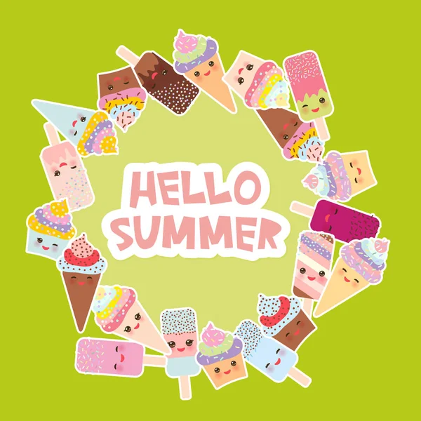 你好夏季卡设计为您的文本 圆形框架 纸杯蛋糕 华夫饼中的冰淇淋 粉红色的脸颊和眨眼的眼睛 绿色背景上柔和的颜色 向量例证 — 图库矢量图片
