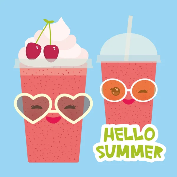 Bonjour Summer Fraise Cerise Canneberge Smoothie Emporter Tasse Plastique Transparent — Image vectorielle