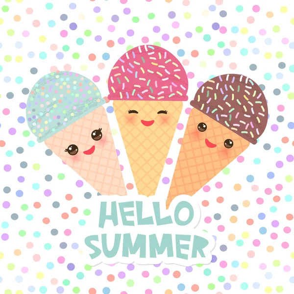 Hello Summer Ice Cream Waffle Cone Kawaii Funny Muzzle Pink — Stock Vector