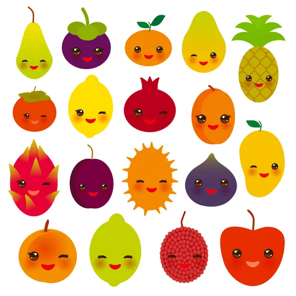 Gyűjteménye Aranyos Vicces Kawaii Gyümölcs Körte Mangosteen Mandarin Ananász Papaya — Stock Vector