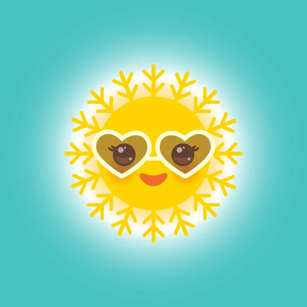 Kawaii Drôle Soleil Jaune Avec Des Lunettes Soleil Joues Roses — Image vectorielle