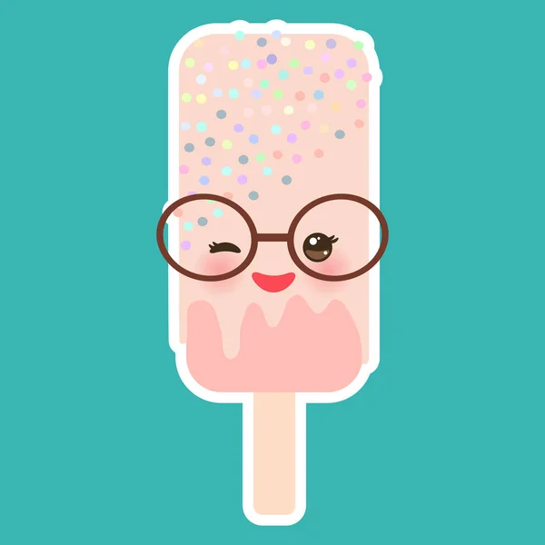 Ice Cream Ice Lolly Kawaii Sunglasses Pink Cheeks Winking Eyes — Stock Vector