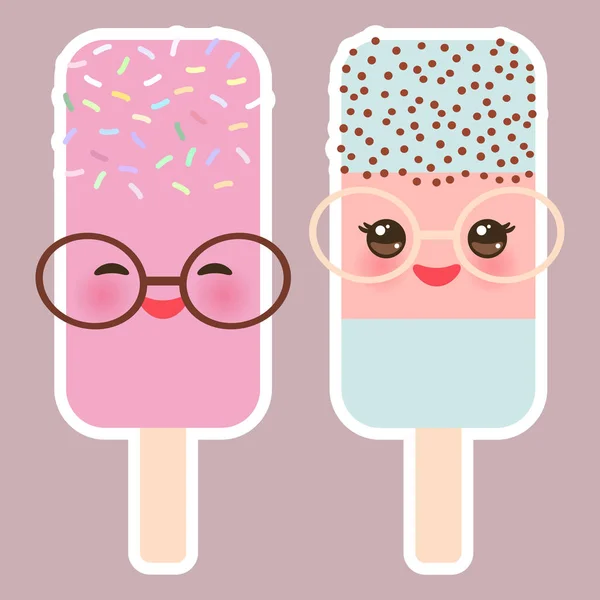 Set Helado Hielo Lolly Kawaii Con Gafas Sol Mejillas Color — Vector de stock