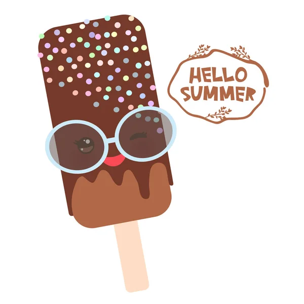 こんにちは夏のアイスクリーム アイスキャンディー チョコレート サングラス ピンクの頬とウインクかわいい目 白地にパステル調の色は茶色 ベクトル図 — ストックベクタ