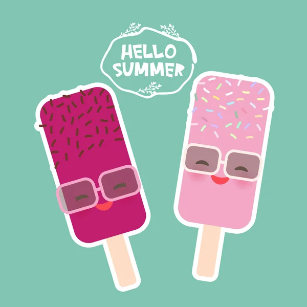 Hello Summer Set Glace Glace Lolly Kawaii Avec Des Lunettes — Image vectorielle