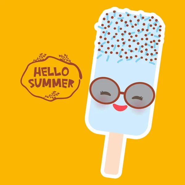 こんにちは夏アイスクリーム 氷キャンディー ブルー サングラス ピンクの頬とウインクかわいい目 Oranje 背景にパステル カラー ベクトル図 — ストックベクタ