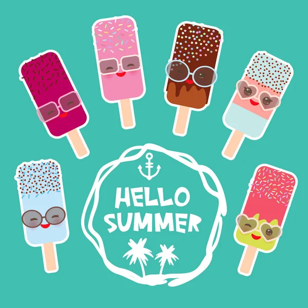 Hello Summer Set Glace Glace Lolly Kawaii Avec Des Lunettes — Image vectorielle